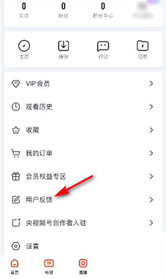央视频进行意见反馈方法